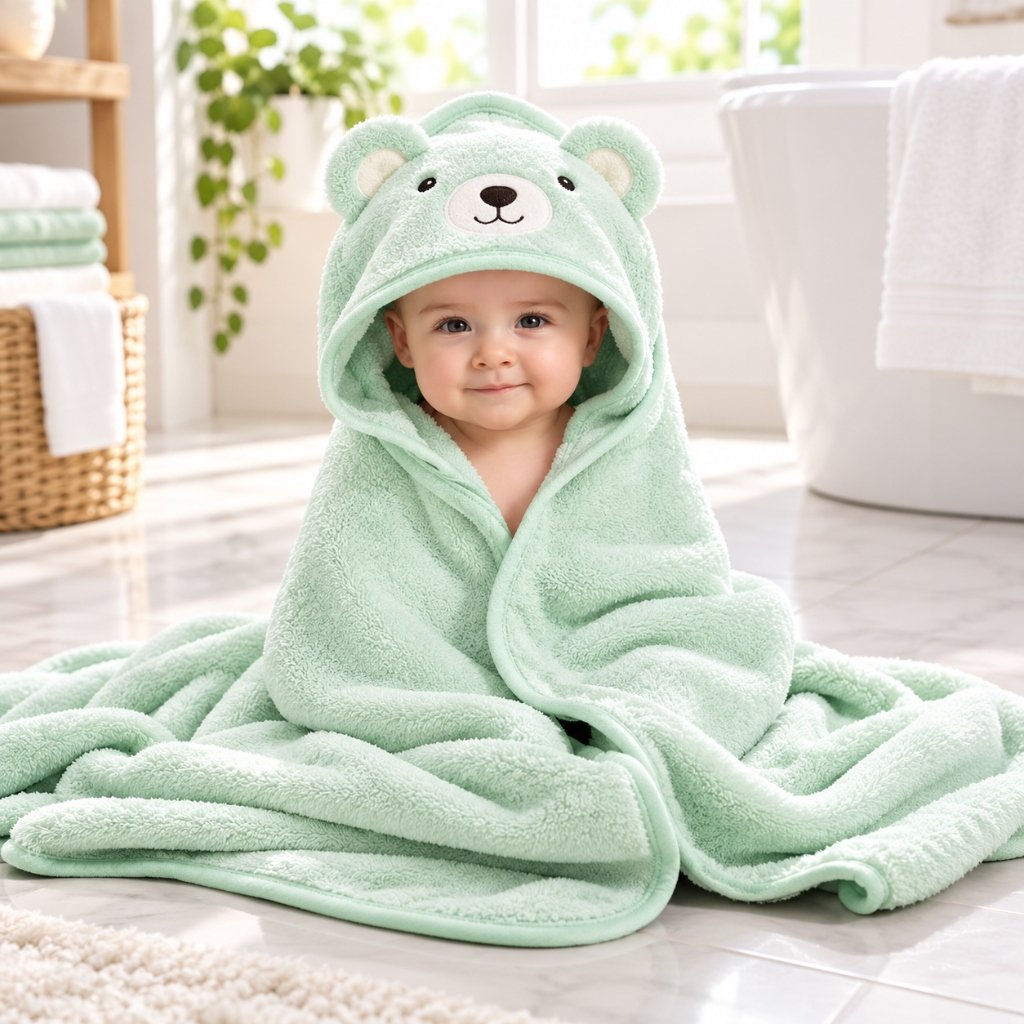 Mint Green Bear Ultra-Soft Baby Hooded Bath Blanket